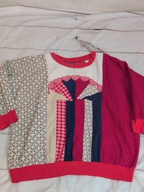 Handmade Patchwork Heart Sweatshirt Red Blue Quiltwear Cottagecore Pullover
